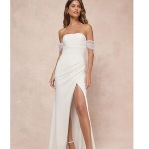 New Lulus Elegant Pearl Fitted White Off-Shoulder Evening Gown Sz Extra Large